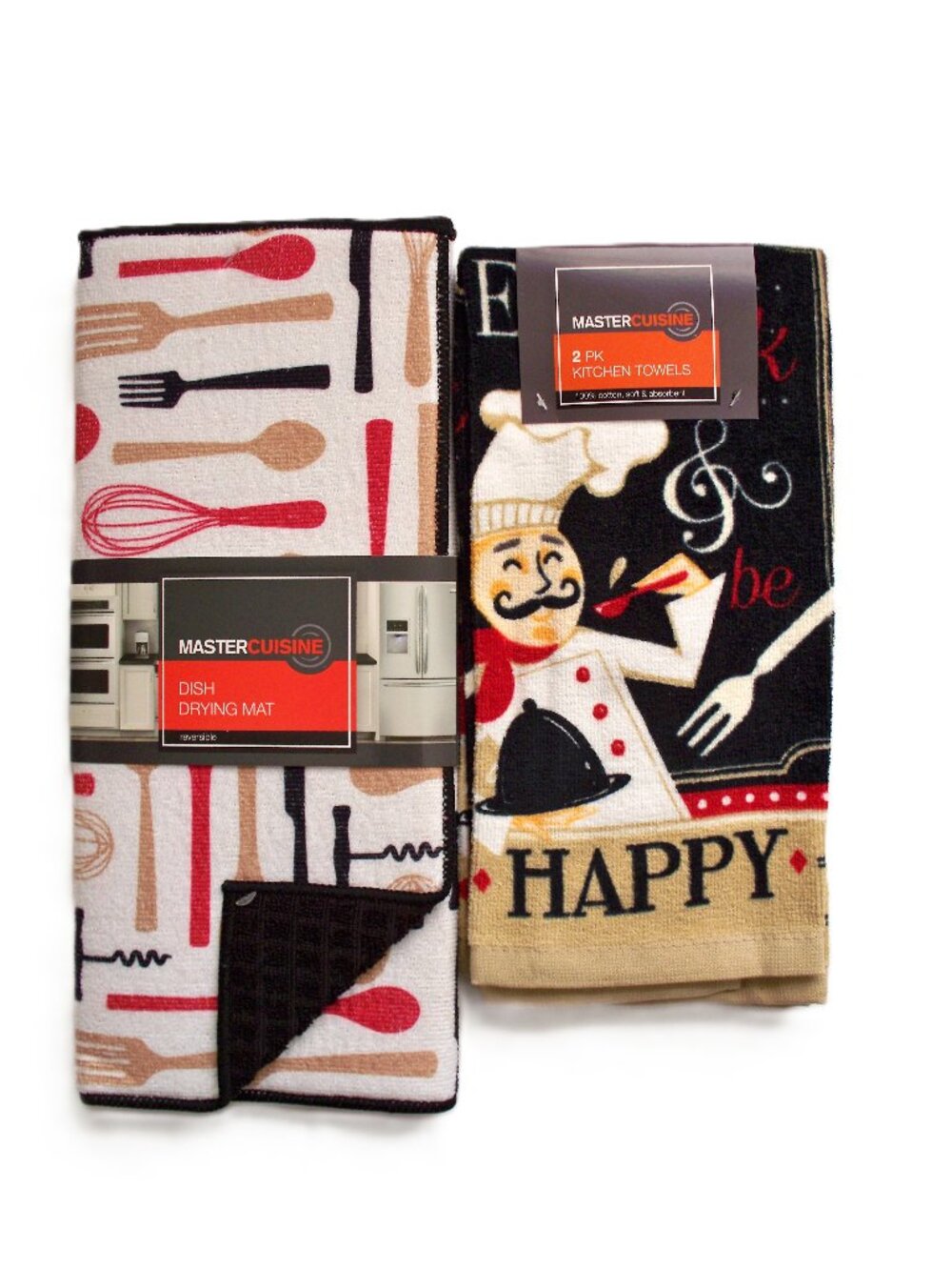 Master Cuisine 2 Kitchen Towels /1 Dish Drying Mat Set Be Merry Chef Design NOS